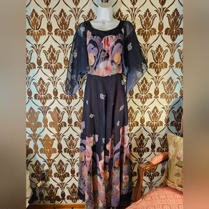 Vtg.Boho Womens XS-S Empire Chiffon Lined Floral Lily Maxi Flutter Sleeves Sheer